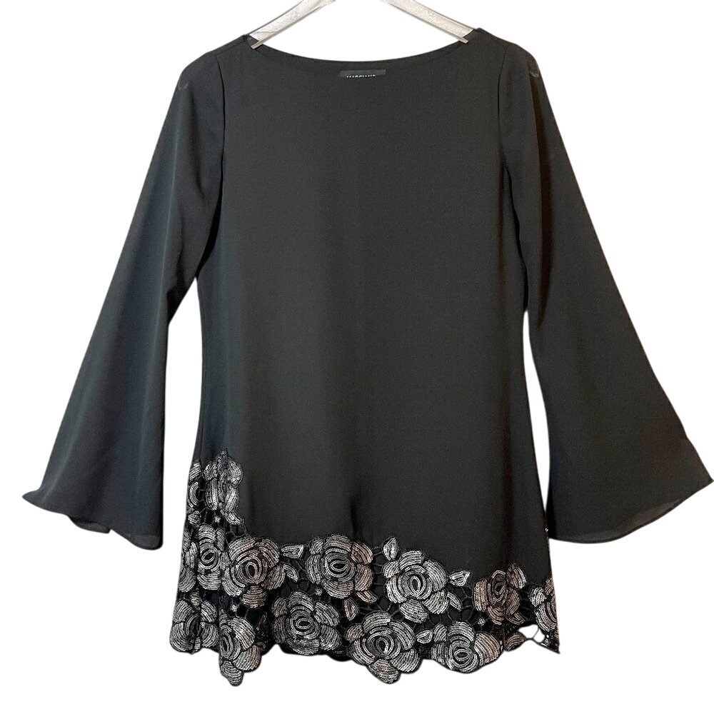 Marciano Black Long Bell Sleeve Sequin Silver Roses Dress XS